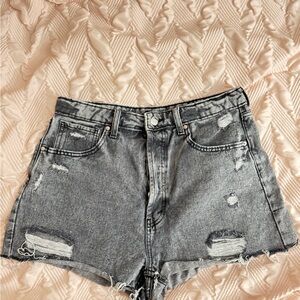 Gray High-Waisted Jean Shorts with Distressed Hem